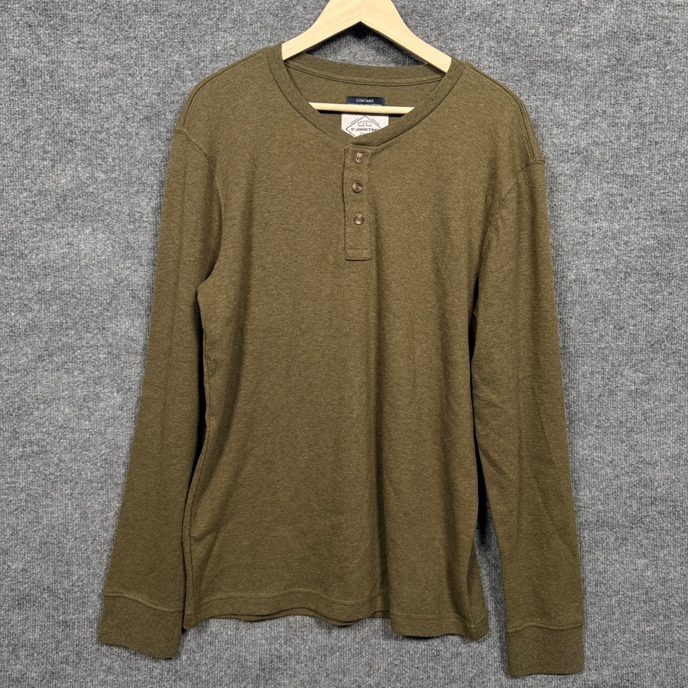 Y2K St. John's Bay Mens Size Large Shirt Henley Olive Green Cotton Blend Preppy